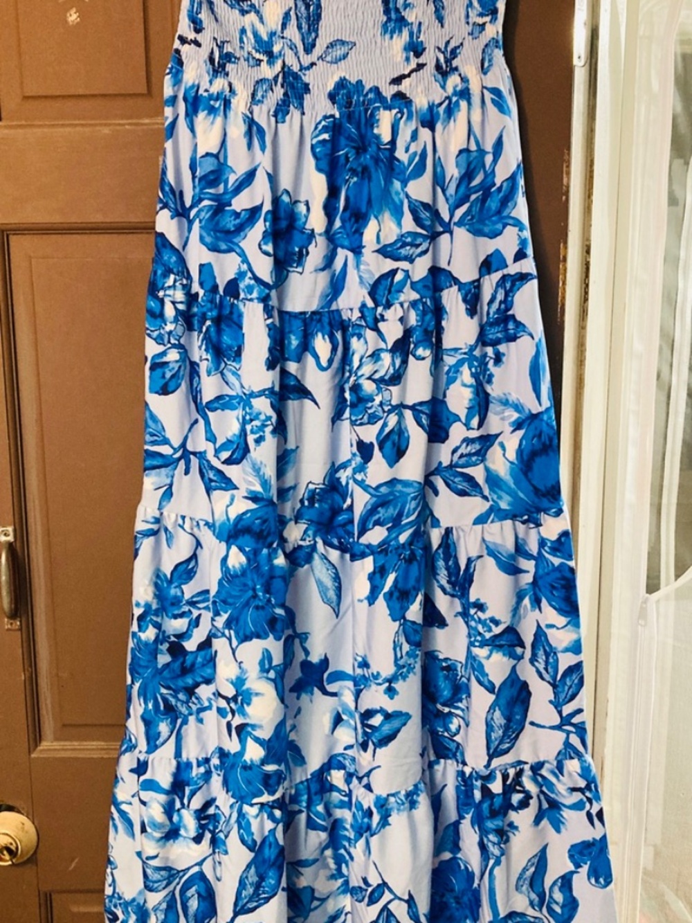 Strapless Sun dress Blue Floral print sz L 8/10